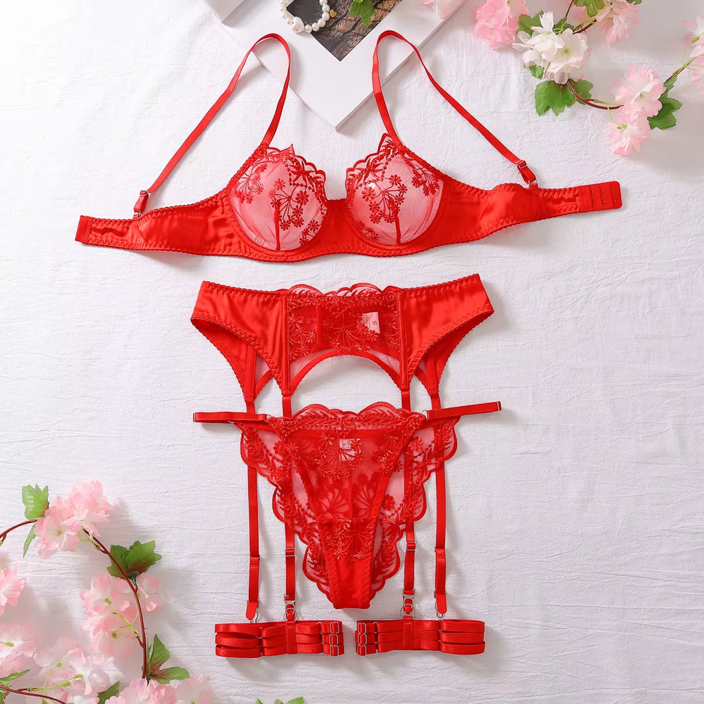 4-Piece Set Embroidered Lingerie 