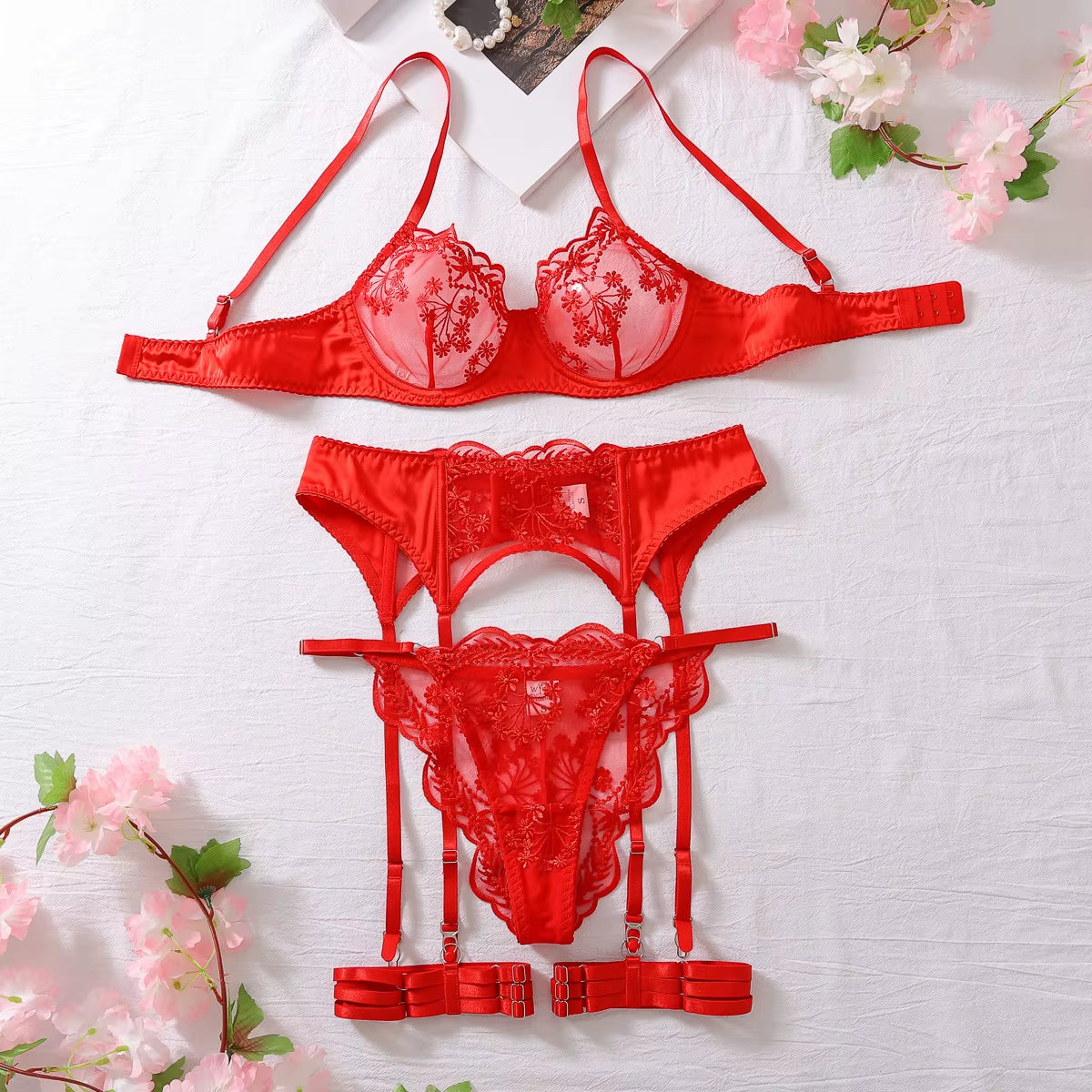 4-Piece Set Embroidered Lingerie 