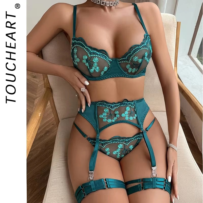 4-Piece Set Embroidered Lingerie 