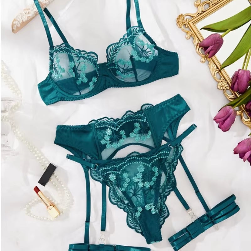 4-Piece Set Embroidered Lingerie 